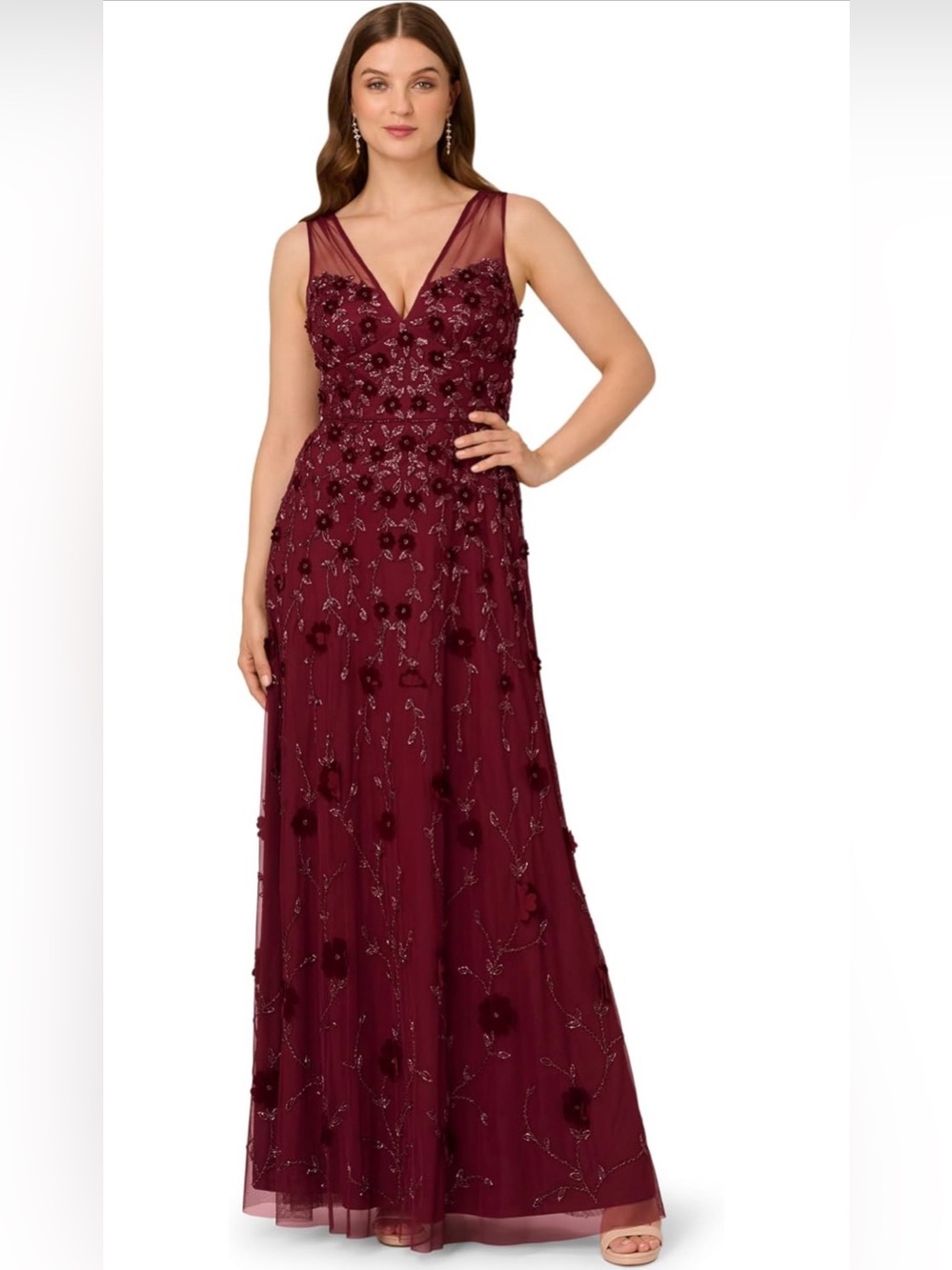 Adrianna Papell Burgundy Embellished V-Neck Evening Gown